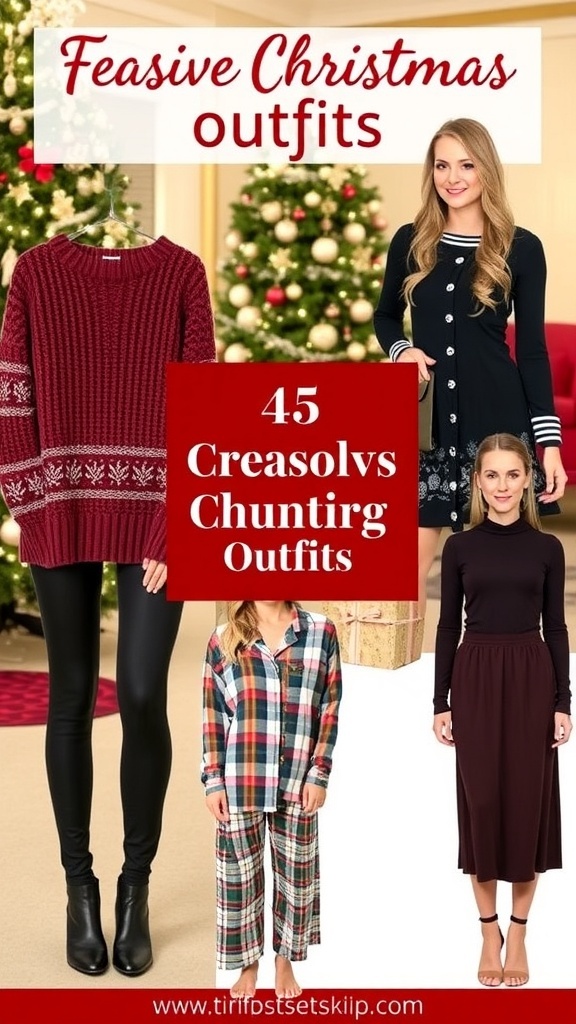 A variety of stylish Christmas outfits for women including sweaters, dresses, and pajamas, set against a festive holiday backdrop.